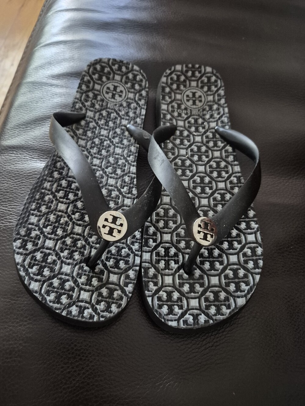 Tory Burch Black Logo Pattern Flip Flop Sandals